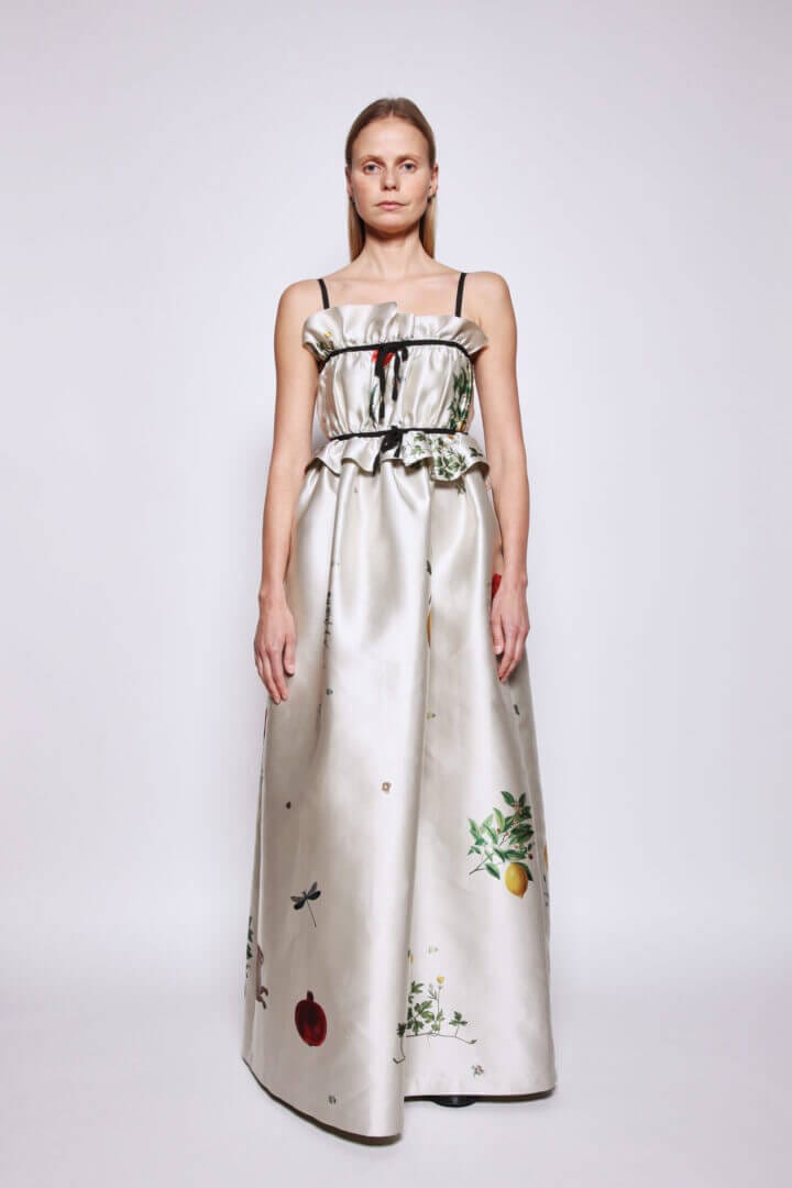 Garden Print Satin Hand Pleat Dress