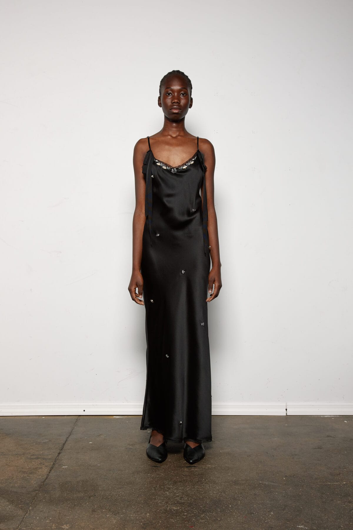 Leanne Black Beaded Bias Dress w/ Trimmings