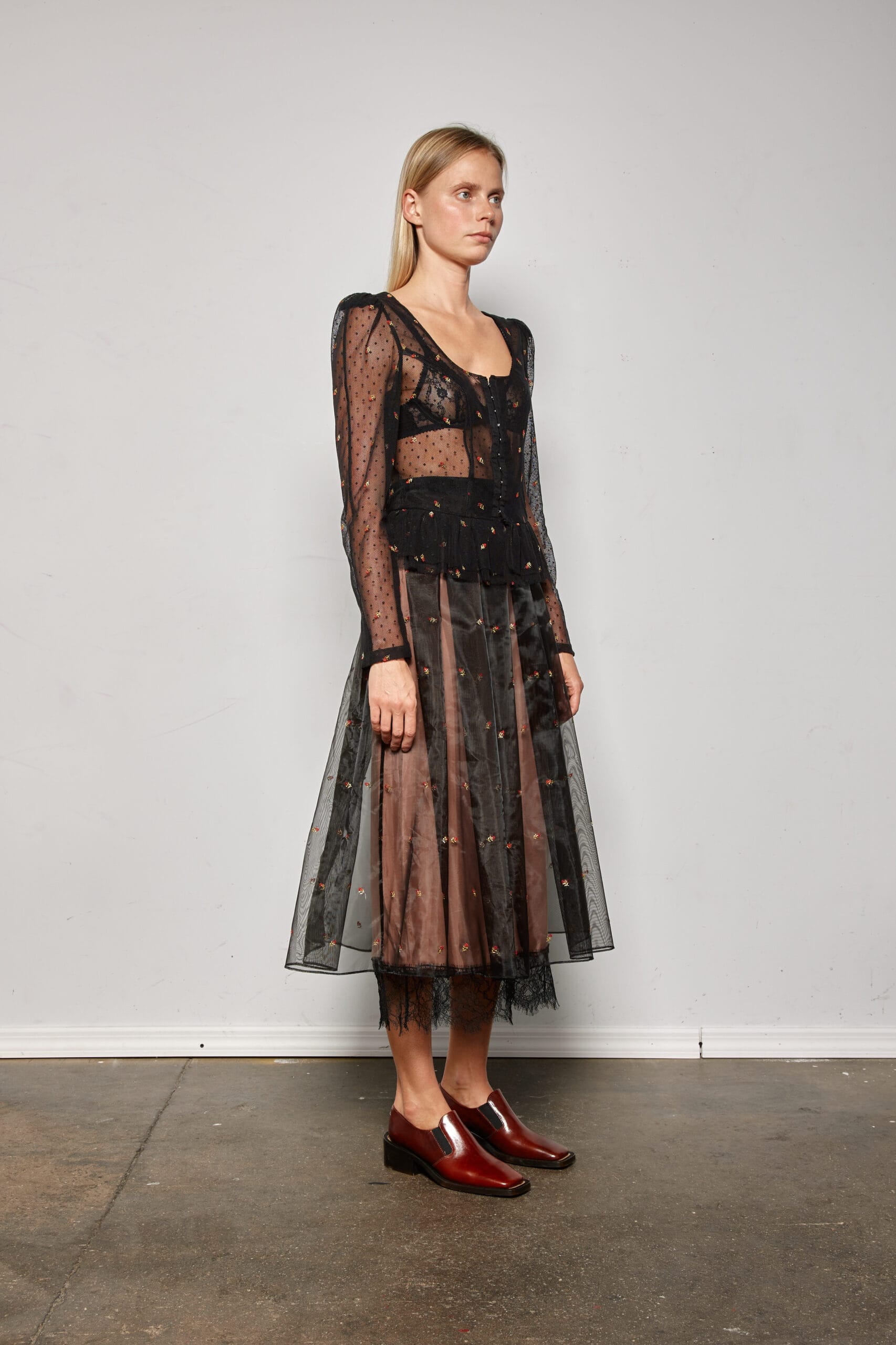 Embroidered Lace Peplum Blouse w/ Front Button Closure - Image 2