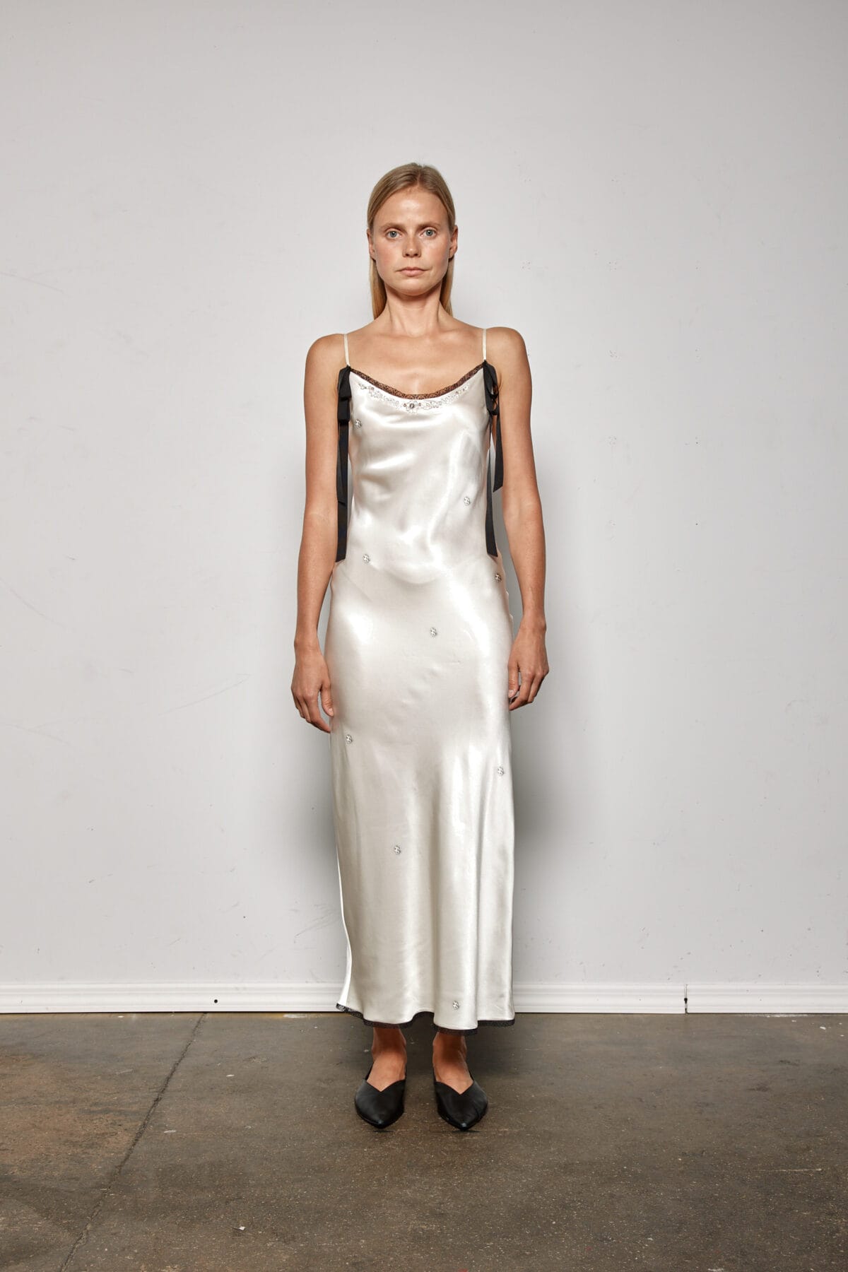 Leanne Cream Beaded Bias Dress w/ Trimmings