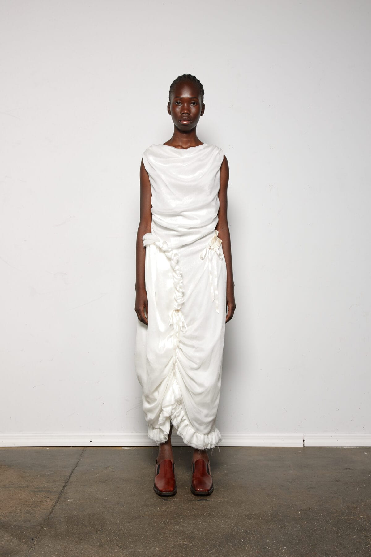 Zhibek Cream Silk Shift Dress w/ Trim Detail