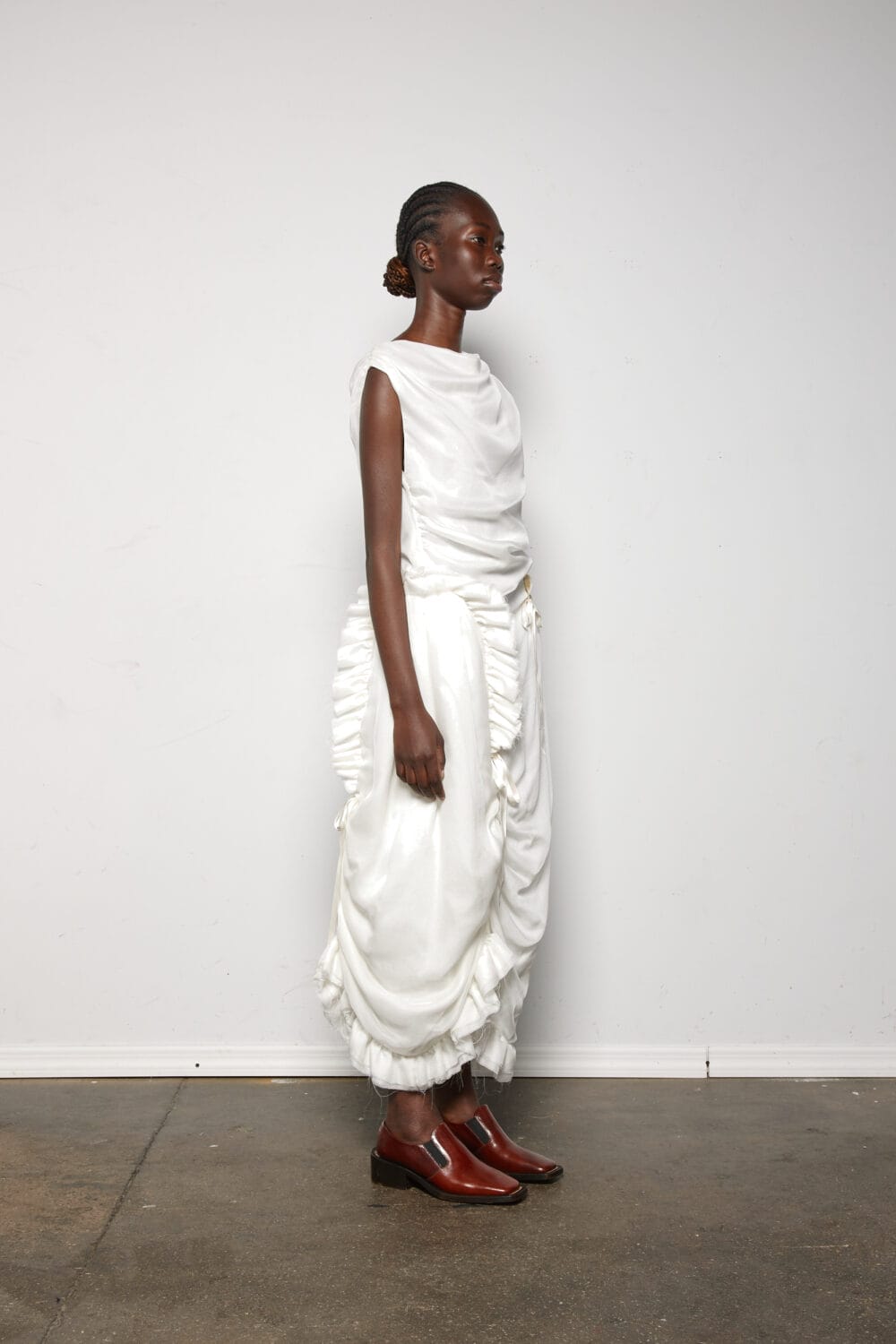 Zhibek Cream Silk Shift Dress w/ Trim Detail - Image 2