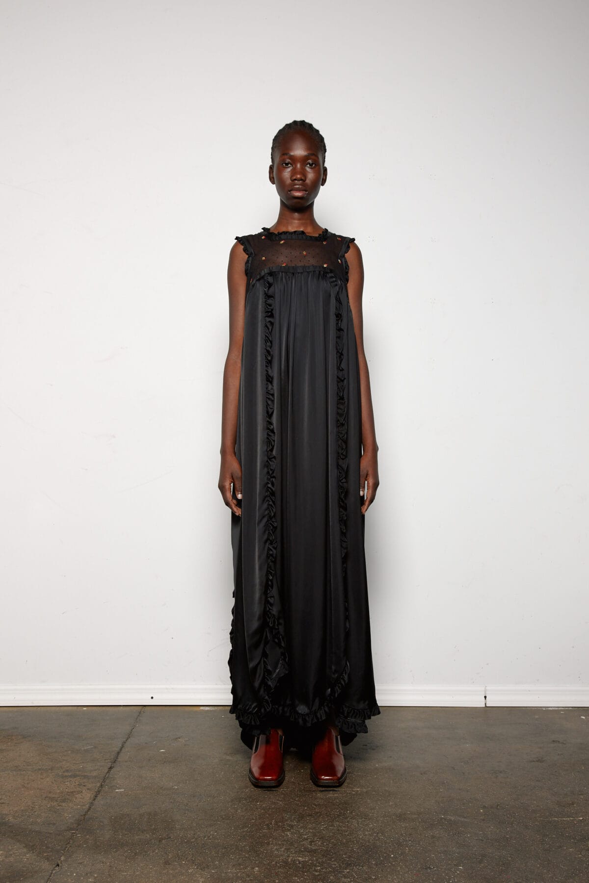 Black Cupro Dress w/ Embroidery Insert