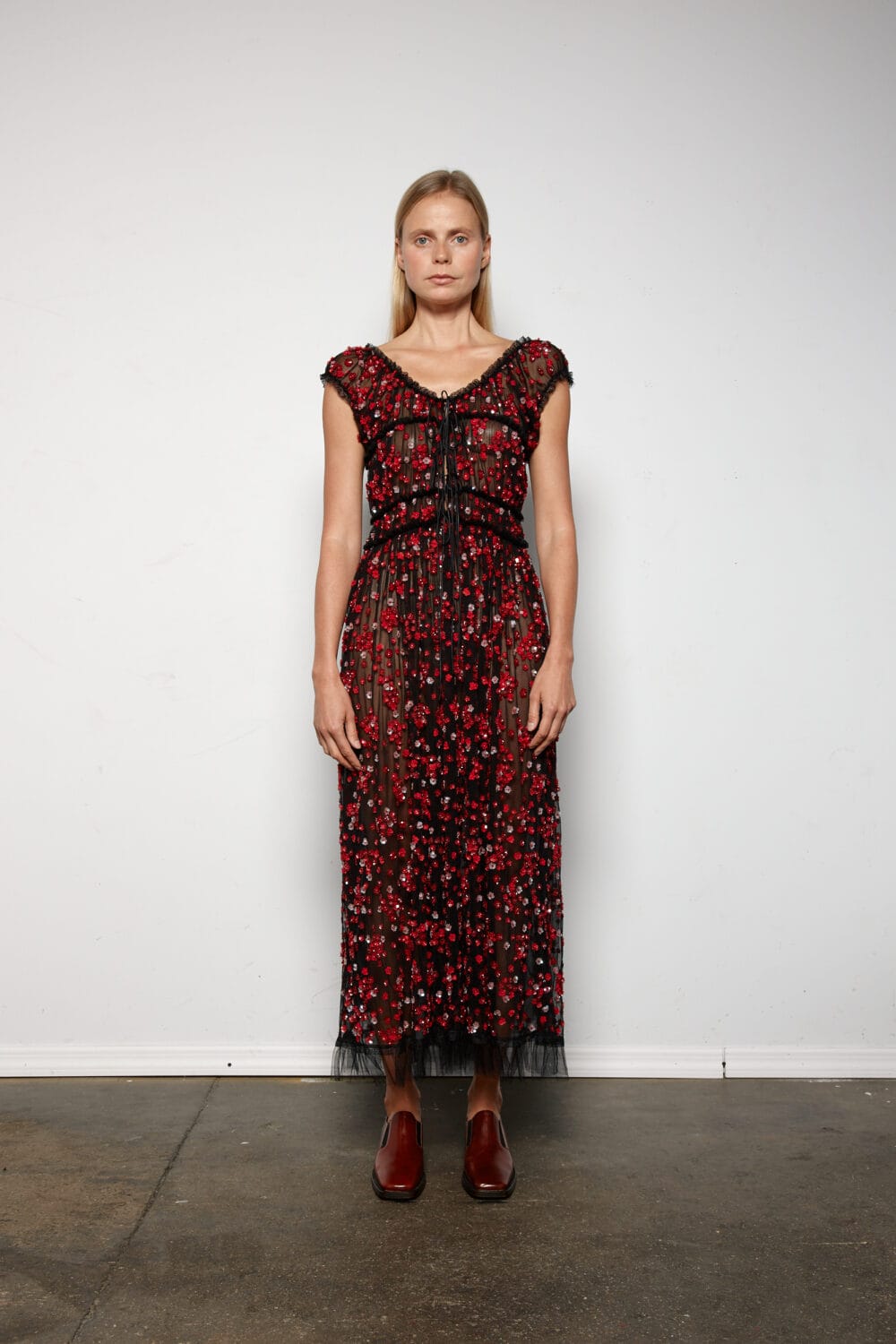 Sabine Maxi Beaded Floral Dress w/ Trim Detail