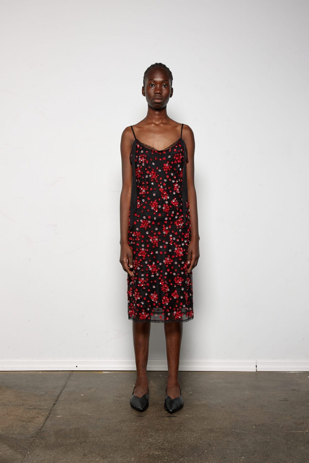 Arden Beaded Floral Dress w/ Trim Detail