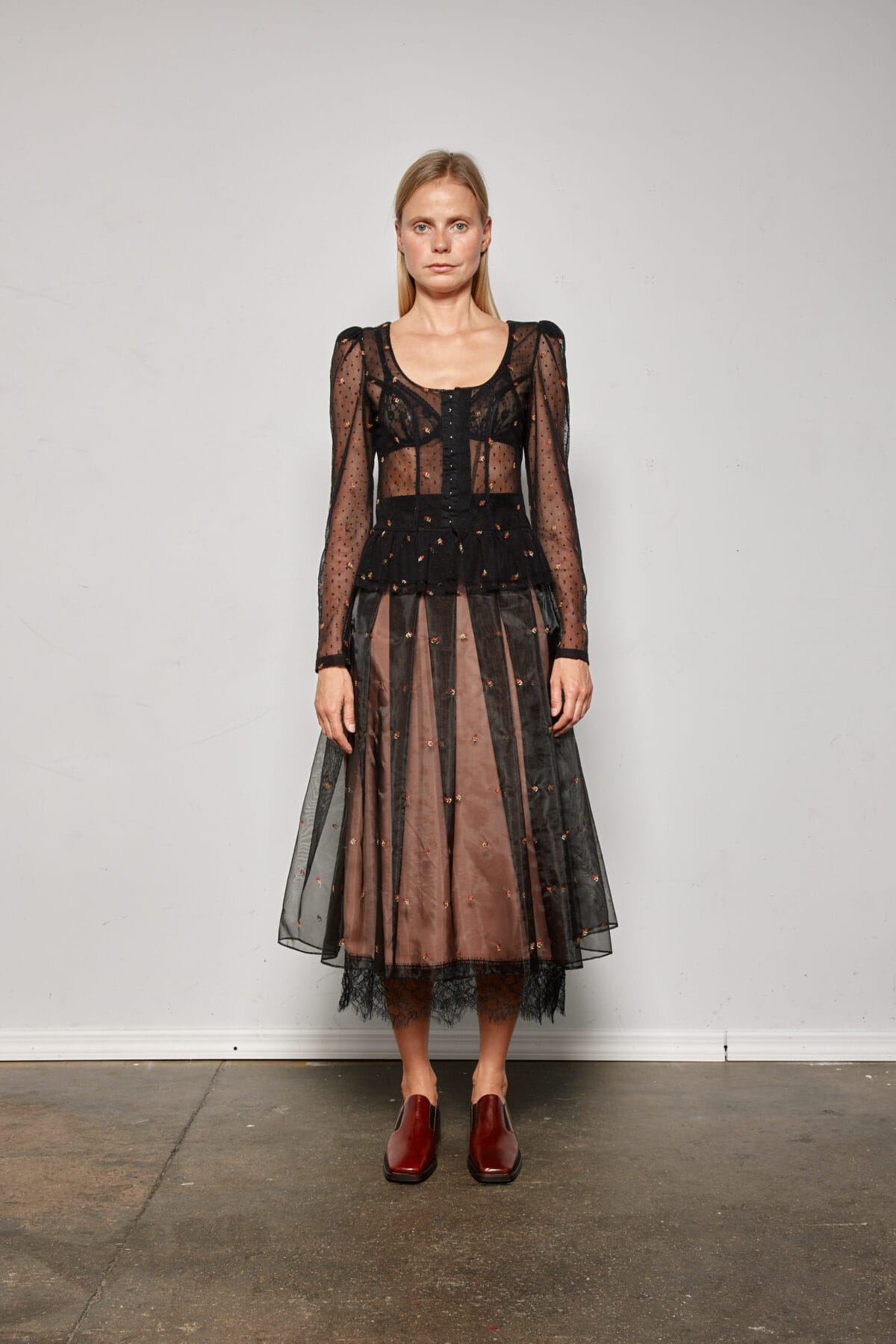 Embroidered Lace Peplum Blouse w/ Front Button Closure