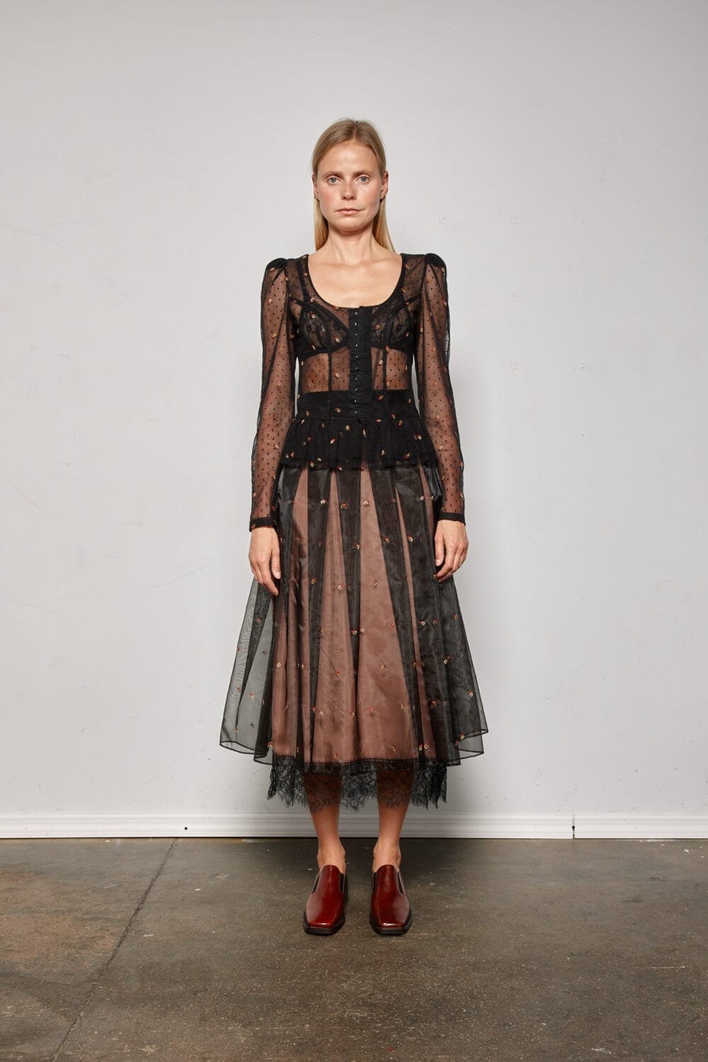 Embroidered Lace Peplum Blouse w/ Front Button Closure