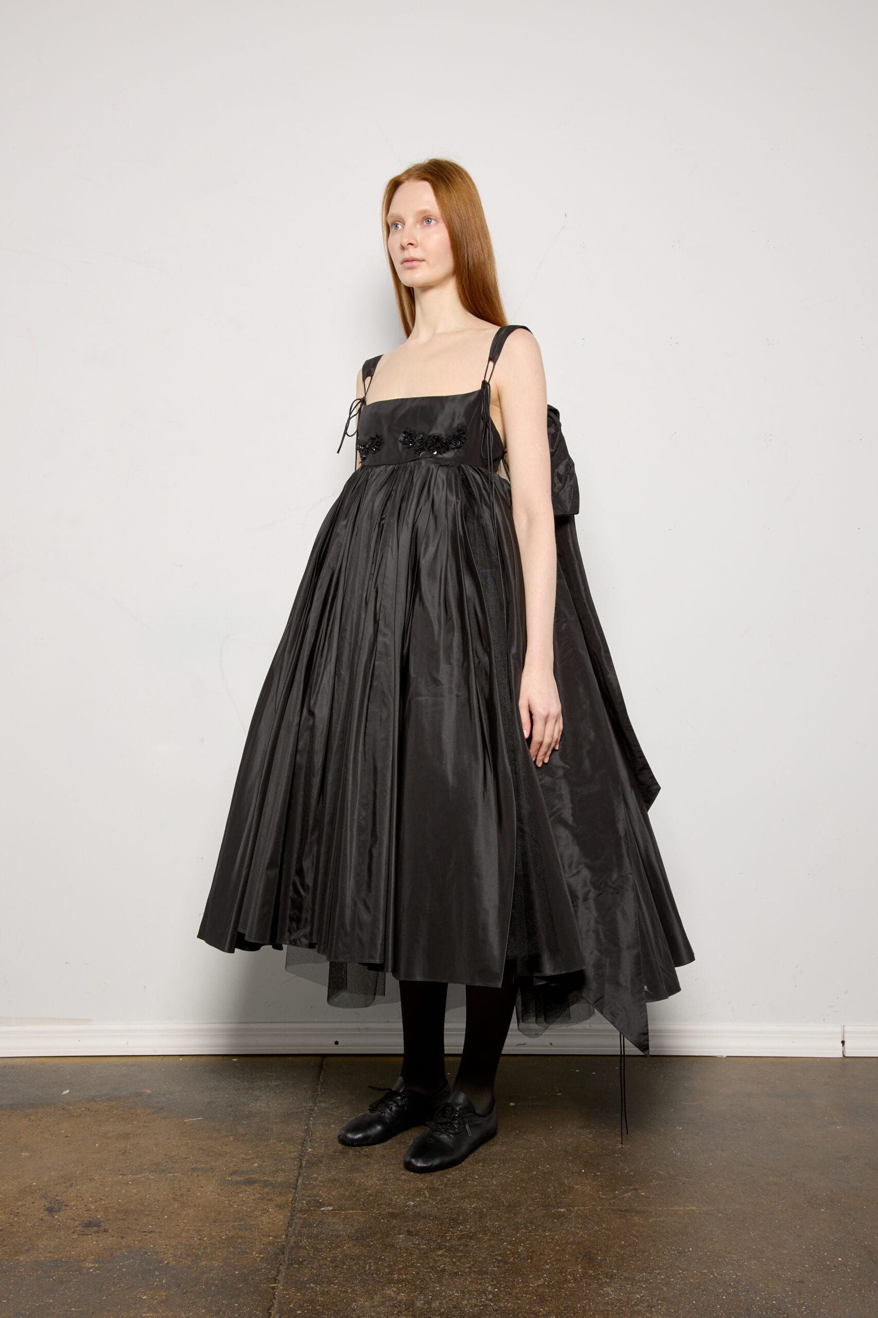 Black Taffeta Bow Dress w/ Breast Bead Detail | meruert tolegen