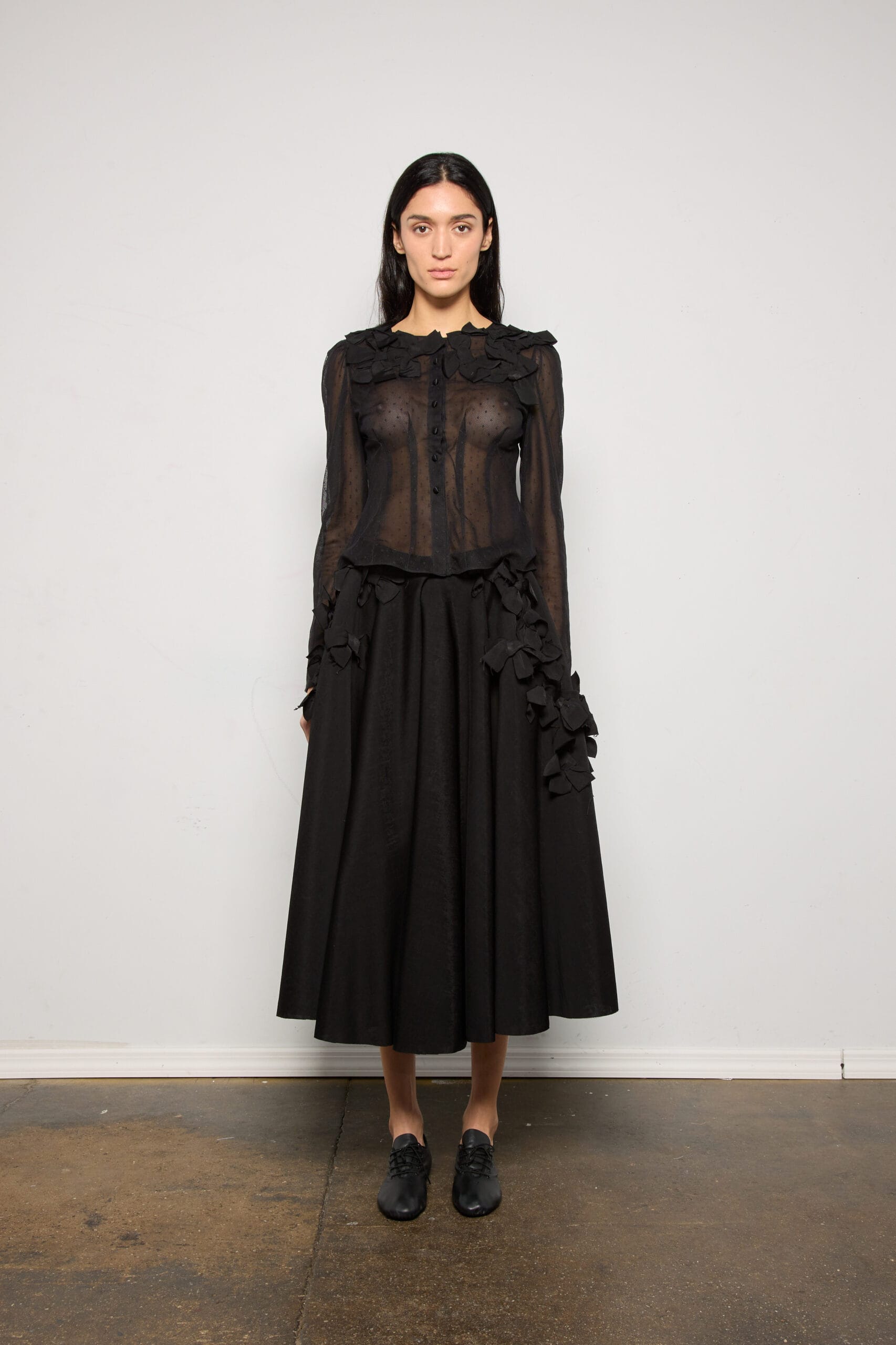 Black Dot Pressed Bow Lace Blouse