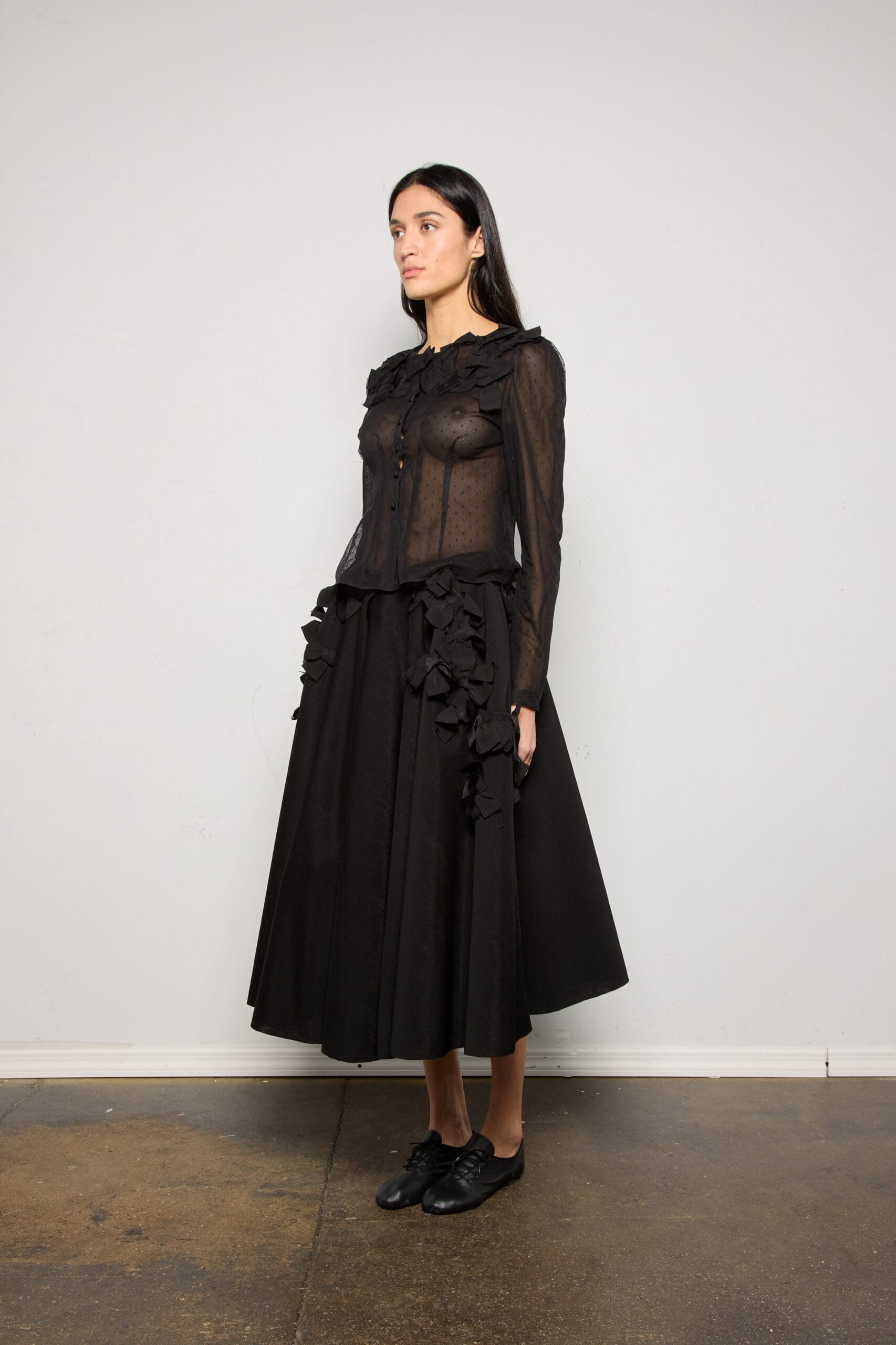 Black Dot Pressed Bow Lace Blouse - Image 2