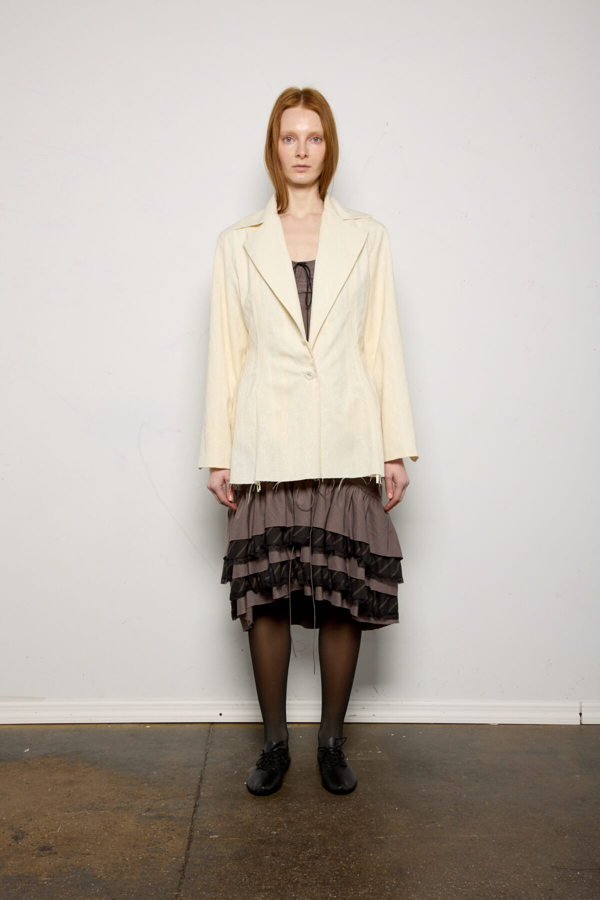 Cream Jacquard Tailored Cropped Sleeve Raw Edge Jacket