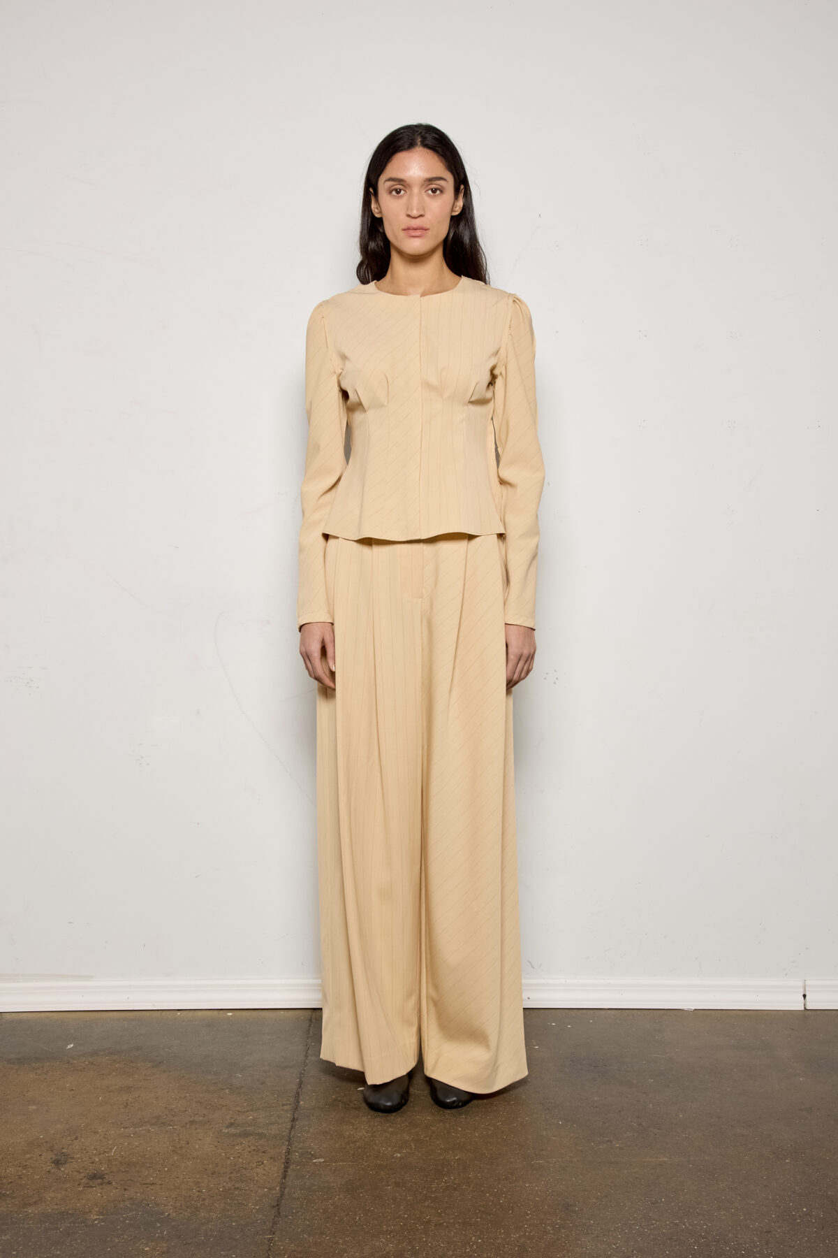 Beige Stripe Pleated Wide Leg Trouser