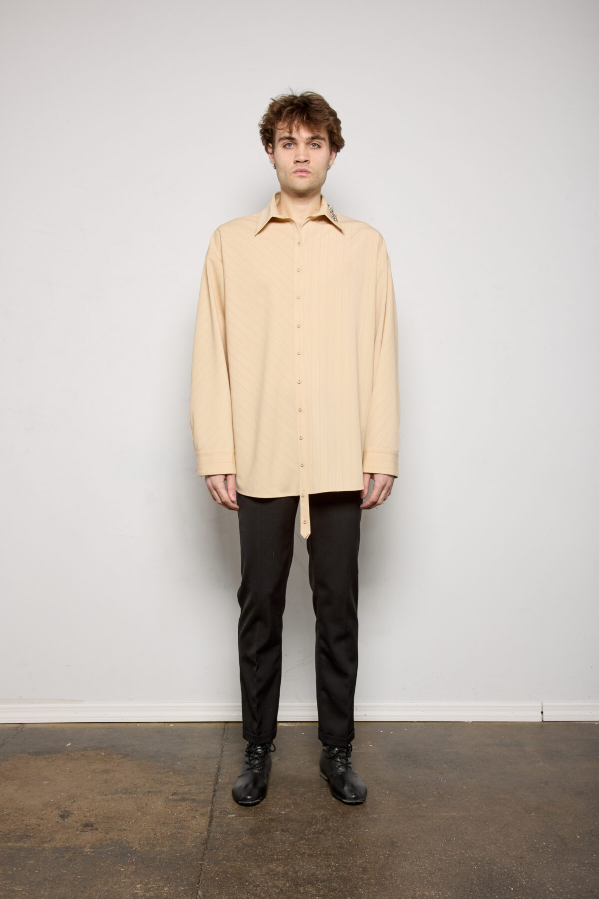 Men's Beige Stripe Oversize Shirt w/ Bead Detail