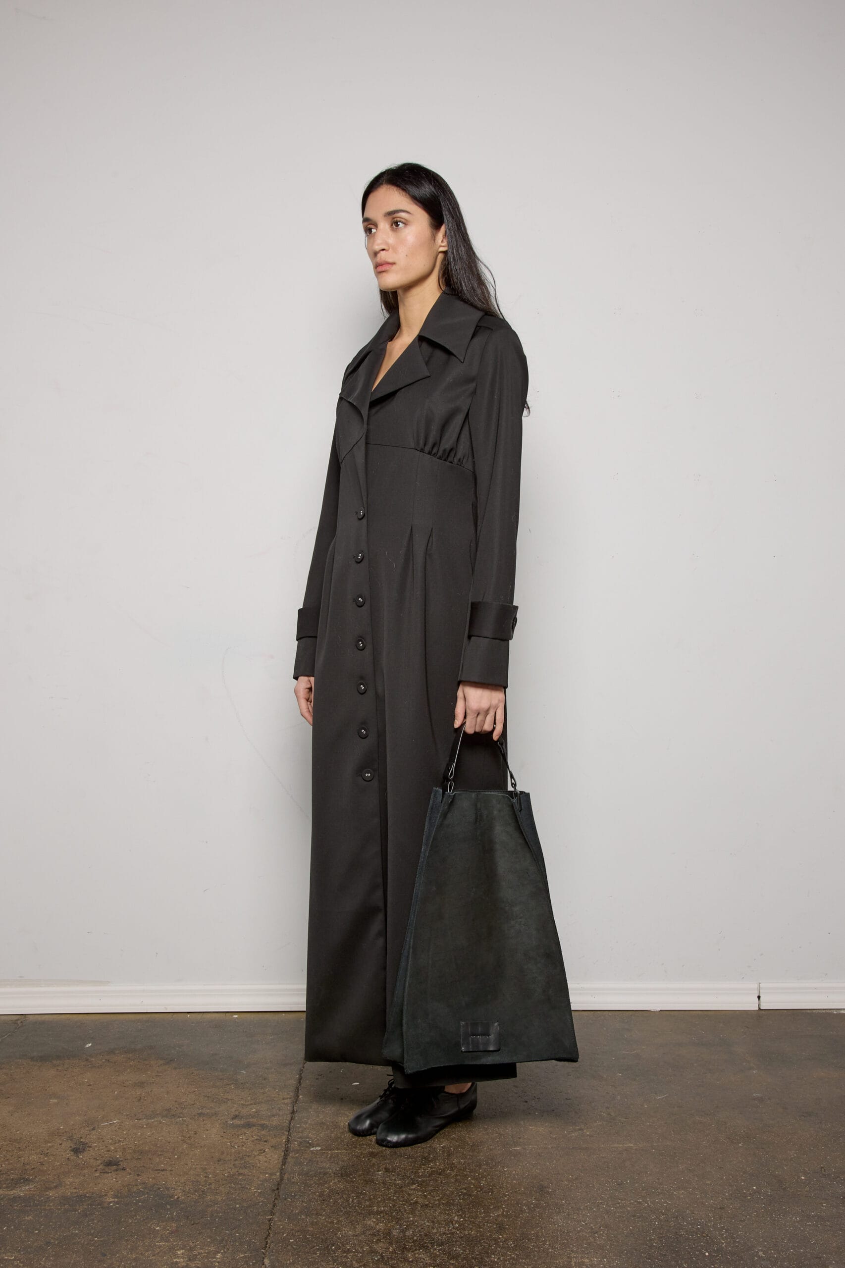 Black Twill Sculpted Floor Length Coat - Image 2