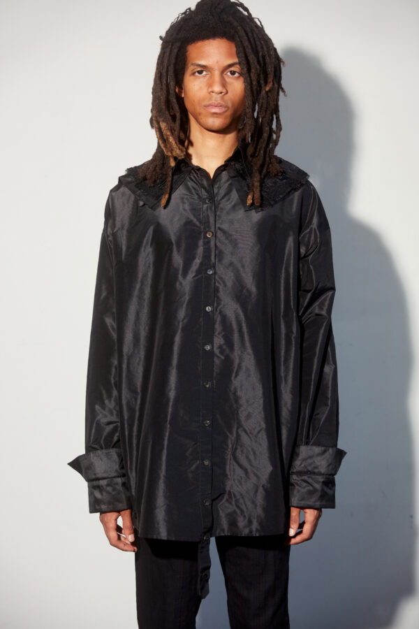 Black Taffeta Oversize Shirt w/ Trimmings (Mens/Unisex) - Image 3