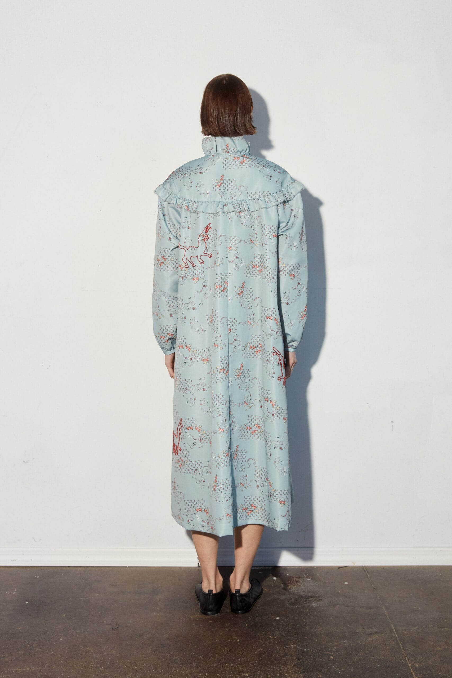 Dust Blue Printed Taffeta Beaded Goat Ruffle Coat - Image 3