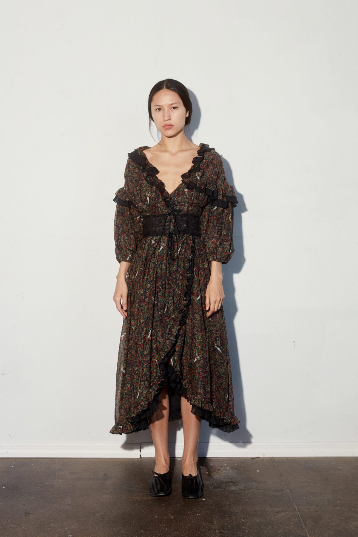 Floral Print Cotton Silk Print Sculpted Ruffle Corset Dress