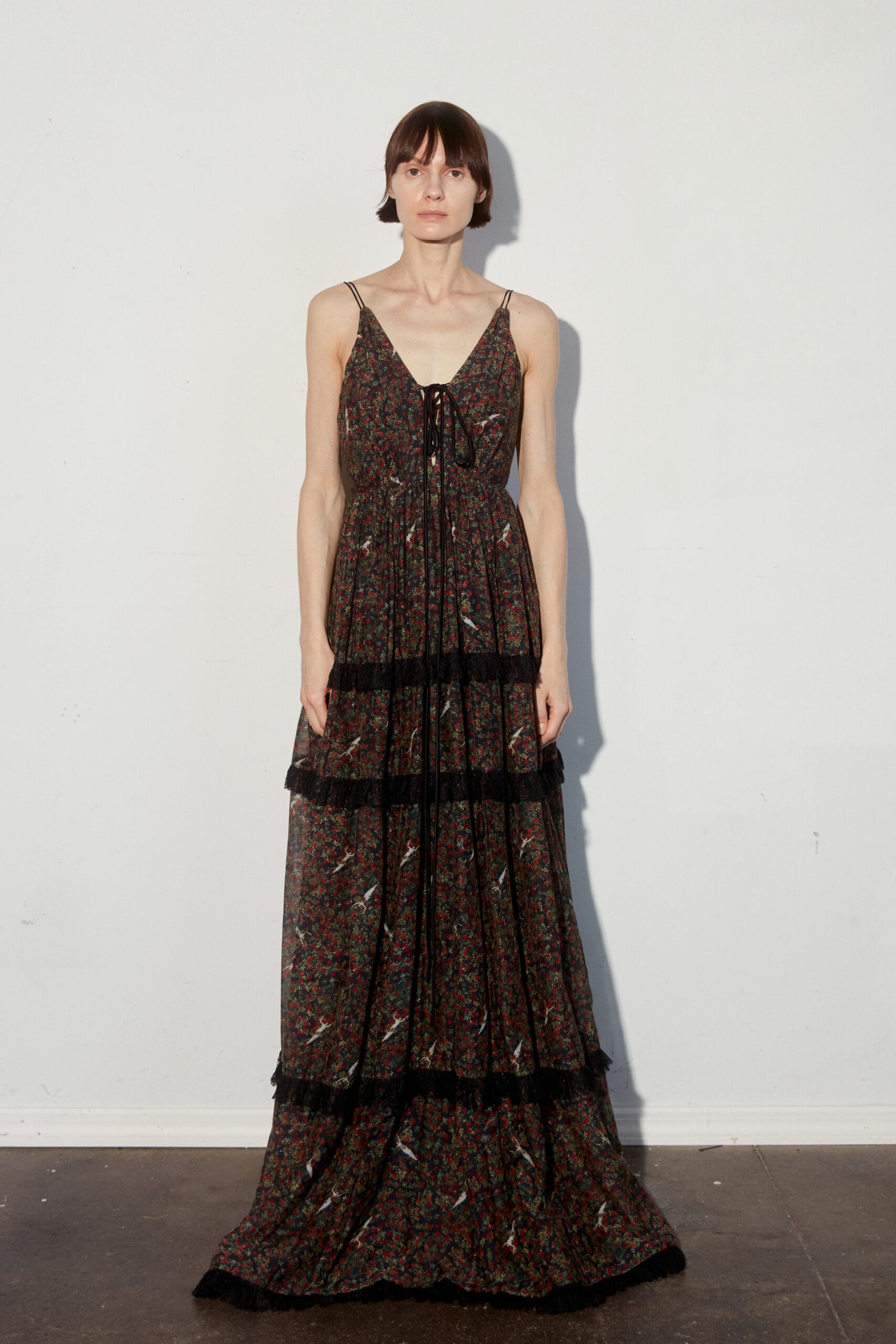 Floral Cotton Silk Overlay Tiered Maxi Dress