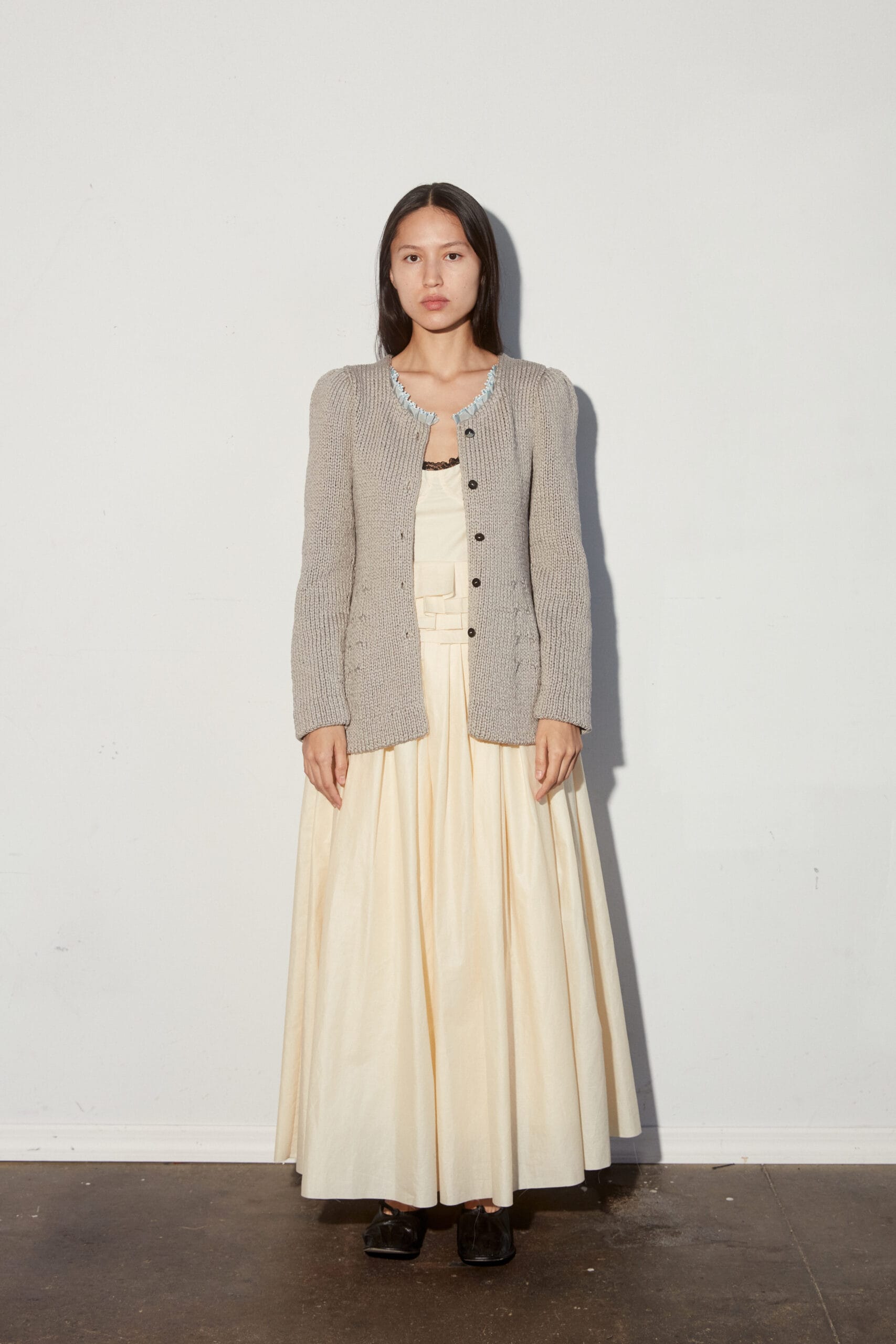 Grey Mercerized Cotton Hand Knit Hourglass Cardigan w/Trimmings