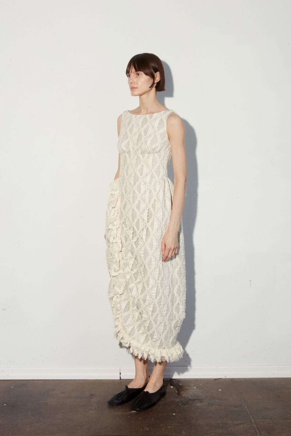Sculpted Ruffle Cinch Cream Lace Overlay Dress - Image 2