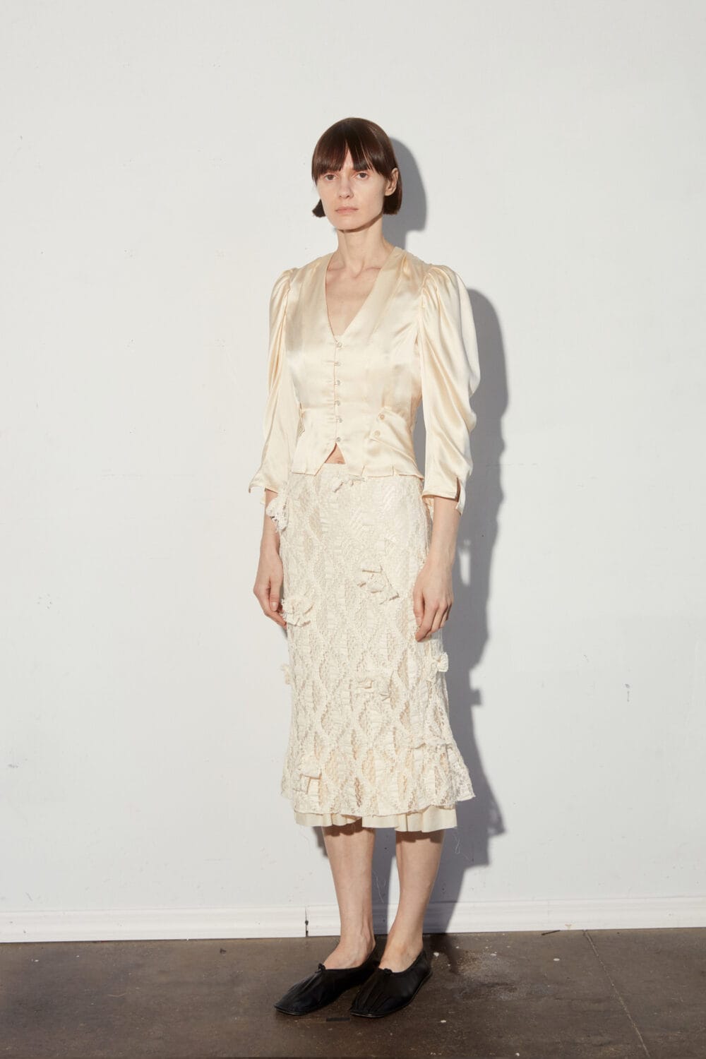 Cream Silk Pleated Button Up Blouse - Image 2