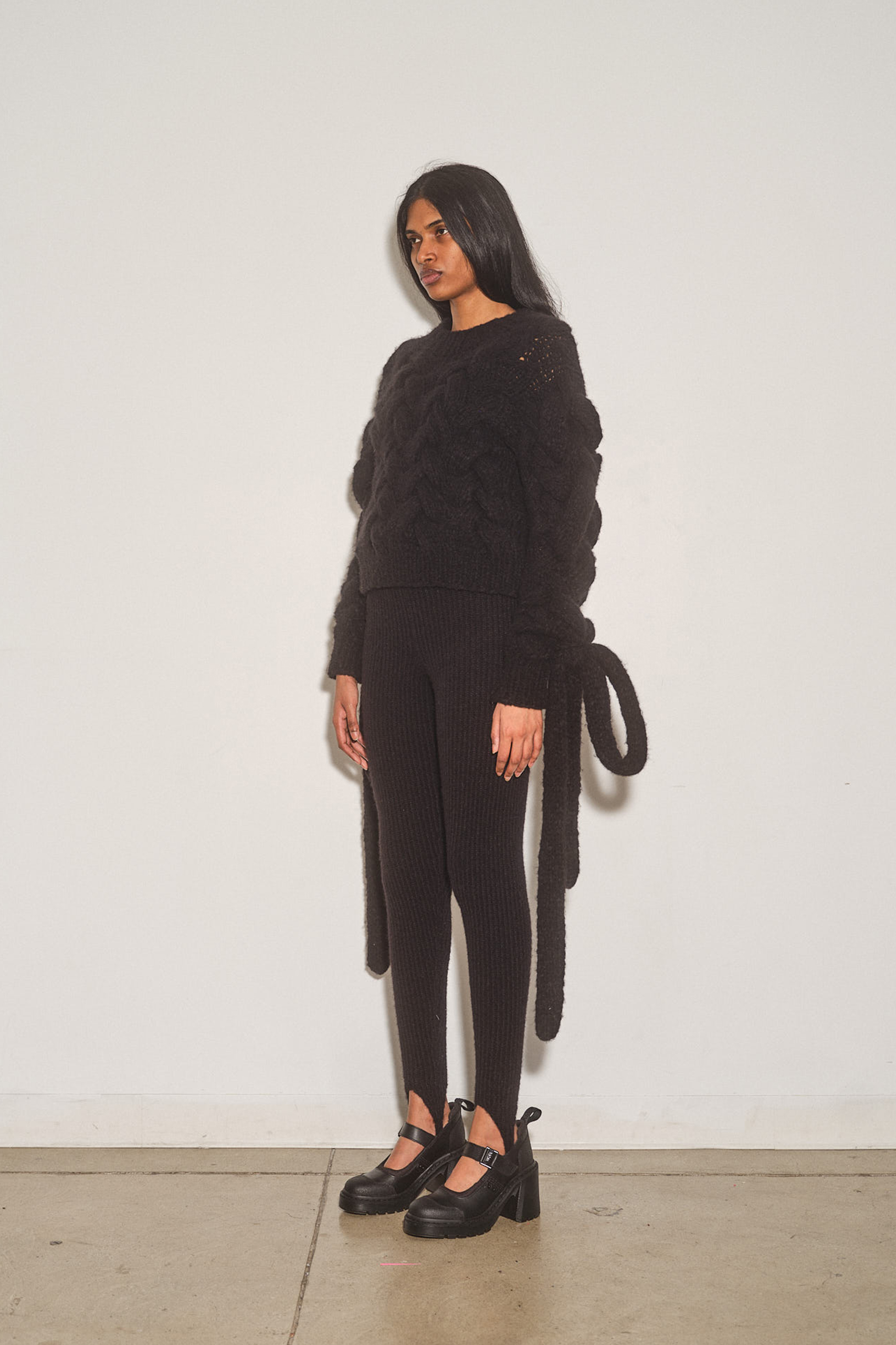 Hand-Knit Black Jumper w/ Sleeve Bow Detail - Image 2