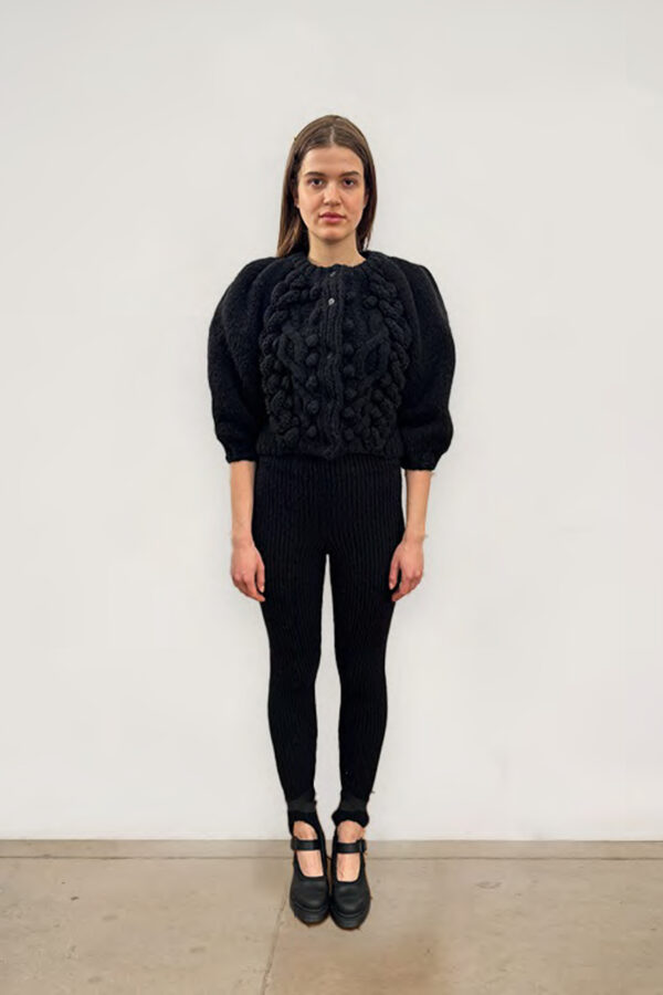 Cross Pleat Sleeve Hand-Knit Cardigan - Black